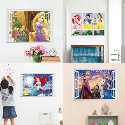 3d frozen snow white princess window wall stickers bedroom home decor cartoon cinderella belle aurora wall decals mural art