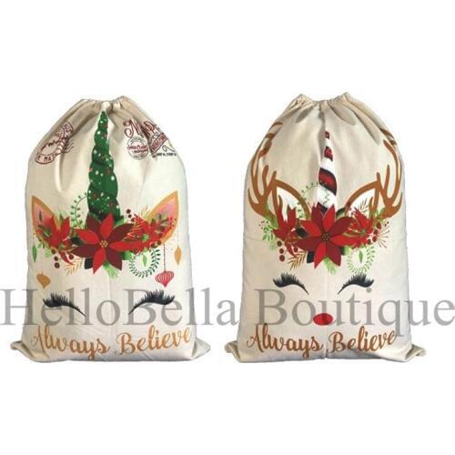 50PCS Monogram Personalized Unicorn Candy Cane Horn Christmas Santa Sack Christmas Gift Bags Canvas