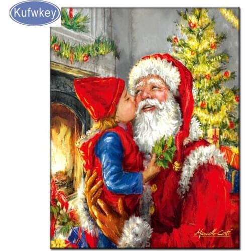 Diy diamond mosaic diamant painting full display"children Kissing Santa"diamond painting christmas home decor new year gift B412