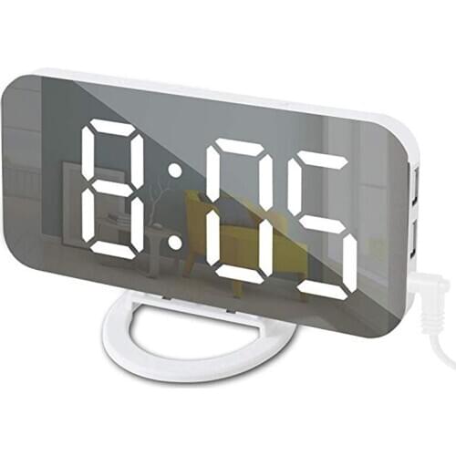 Digital LED Alarm Clock Mirror 2 USB Charger Ports Night Light LED Table Clock Snooze Function Adjustable Brightness Desk Clocks
