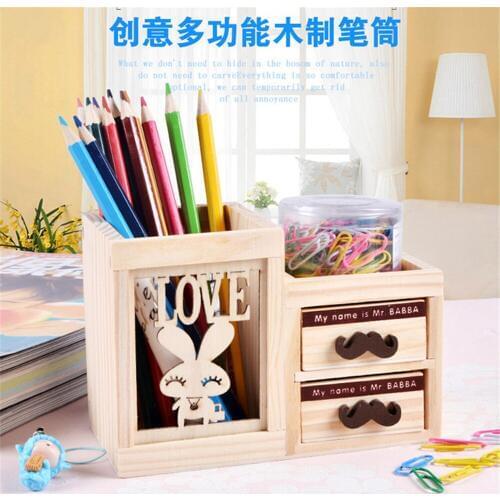 Wooden Pen Holder with Two Drawer Kawaii Desk Tidy Pencil Holder Carton Desktop Pen Pot Creative Office Accessories