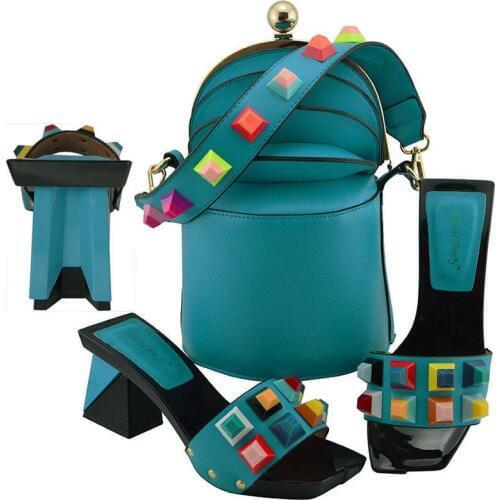 Lake blue Color Italian Shoes with Matching Bag High Quality African Nigeria bag and shoe set for Party In Women MD011