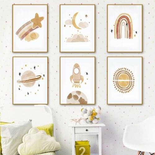 Canvas Painting Nursery Wall Art Sun Stars Moon Earth Posters and Prints Childrens Room Decoration Cartoon Universe Picture