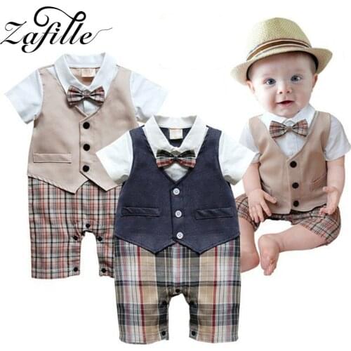 ZAFILLE Plaid Babys Romper Fake 2pcs Summer Infant Jumpsuit Gentleman Bowtie Clothes For Newborns Male Overalls For Baby
