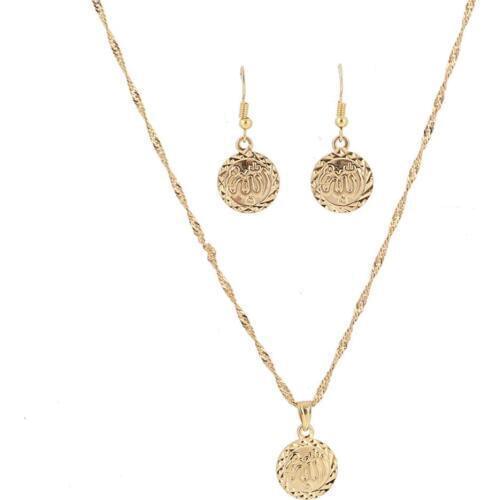 Gold Color Jewelry Sets Allah Pendant Necklace Earrings For Women Ethnic Islamic Religion Muslim Coin Jewelry