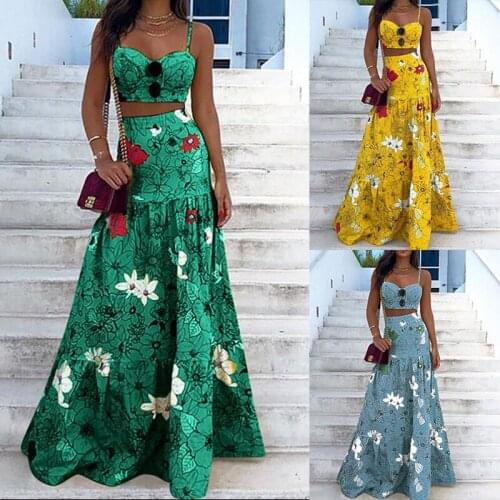 Skirts Sets Women Sexy Sling Crop Tops & Long Skirts Two Piece Set Women Floral Print Big Swing Skirt Female Siuts Conjuntos De