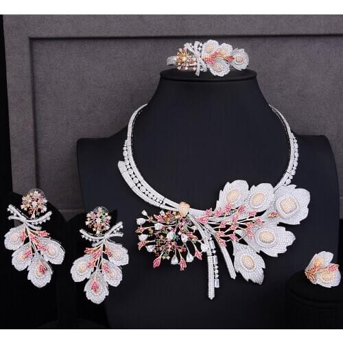 LARRAURI 4PCS Statement Flower Necklace Earrings Bangle Ring for Women Wedding Accessories Jewelry Sets Fashion Jewelry Making