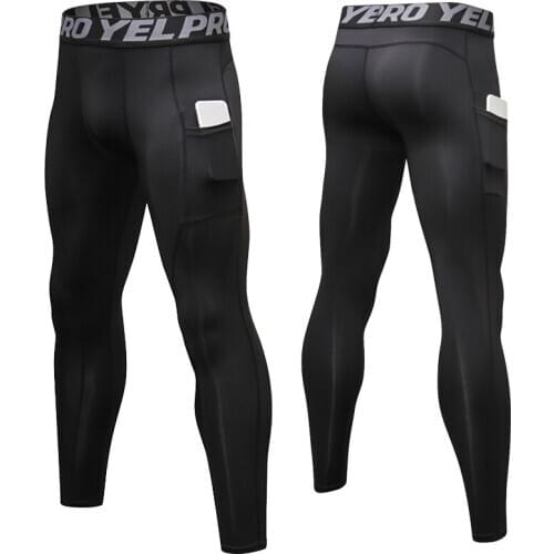 Professional Black Compression Running Tights Men Jogging Pants With Phone Pocket Fitness Training Long Pant Sports Gym Leggings