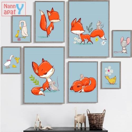 Fox Mouse Duck Nordic Posters And Prints Wall Art Canvas Painting Animals Wall Art Pictures Kids Room Nursery Home Decoration