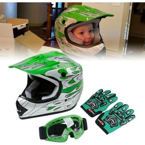 Motorcycle Youth Kids Helmet Green Flame Dirt Bike ATV Motocross Helmet MX+Goggles+Gloves capacete moto Gifts full face kask