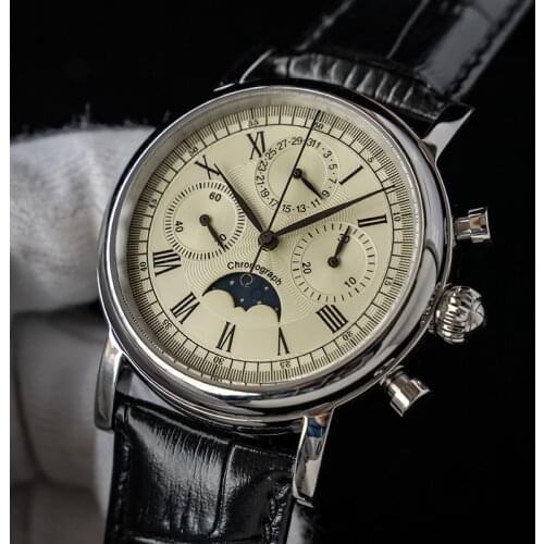 2021 Luxury Pilot Calendar Chronograph Mechanical Mens Watch 1908 Seagull Movement Moon Phase Sapphire Men Watch Leather Clocks