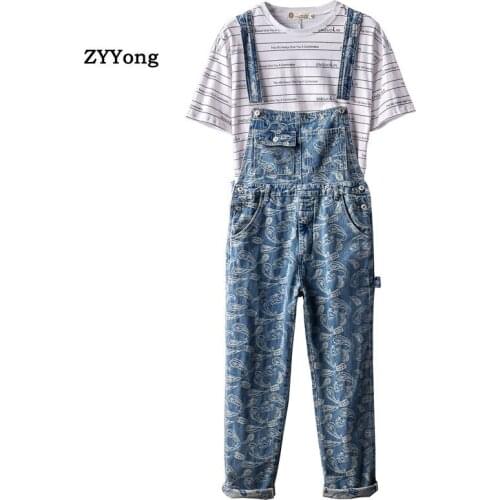Man Bib Overalls Suspender Pants Straight Printing Jeans Loose Large Size Hip Hop Street Dance Jumpsuits Fashion Denim Trousers