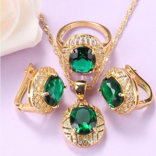 Gold Color African Jewelry Set For Women Wedding Trendy Accessories Green Cubic Zirconia Clip Earrings And Necklace Ring Sets