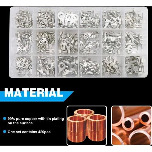 420pcs Non-Insulated Ring Terminal&Fork Connector Kit 16-14/12-10 Gauge Wire Lugs Battery Cable Copper Connectors Set
