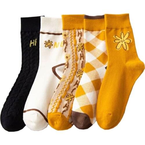 4 Pairs Japanese Style Women Socks Set Printing Harajuku Letter Plaid Designer Socks Cotton Patchwork Long Breathable Calcetines