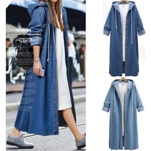 Autumn New European and American Style Hooded Long-sleeved Denim Jacket Single-breasted Long Windbreaker Women