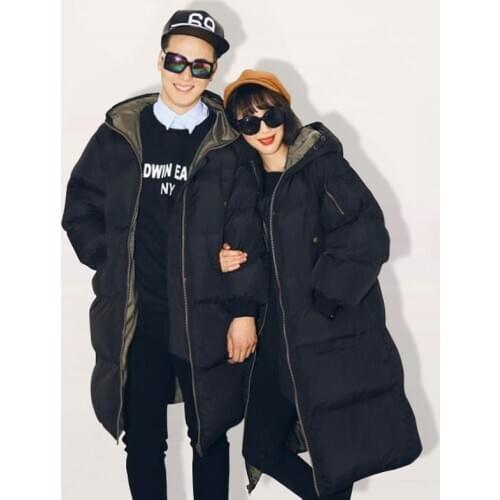 Winter Couple Cotton Coat Women Long Korean Loose Hooded Bread Service Ladies Padded Coat Casual Thicken Down Cotton Outwear Q74