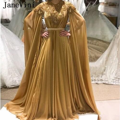 JaneVini Luxury Golden Muslim Arabic Long Evening Dresses with Detachable Sleeves Shiny Heavy Crystal Chiffon Women Formal Dress