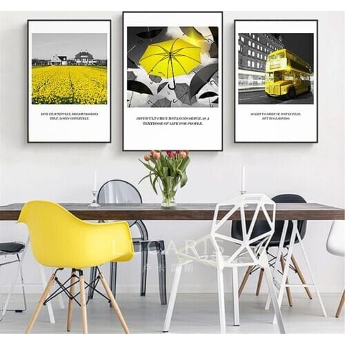 Gray Ocean Scenery Golden Sailboat City Yellow Car House And Umbrella Canvas Painting Wall Picture Poster Living Room Decoration