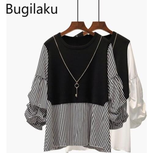 Bugilaku Knit Patchwork Striped Blouse Women O Neck Autumn New Ladies Tops All-match Elegant Long Sleeve Shirts Korean Style