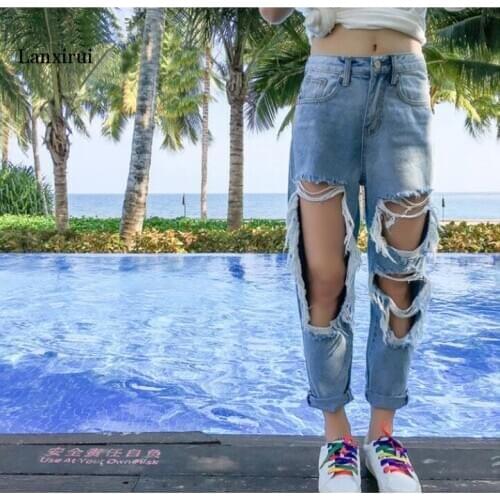 New Arrival 5XL Ripped Jeans Womens Loose Thin Jeans Women Pants Breeches Overalls Vintage Female Torn Trousers