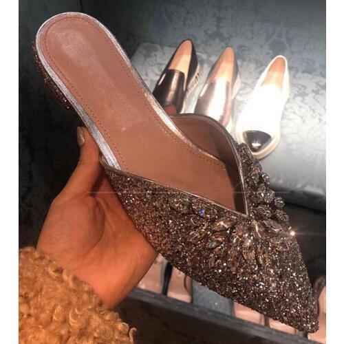 Sexy Bling Gemstone Sequins Low heels Slipper Ladies Rhinestone Bling Bling Pointed Toe Leisure Glitter Crystal Slides Shoes