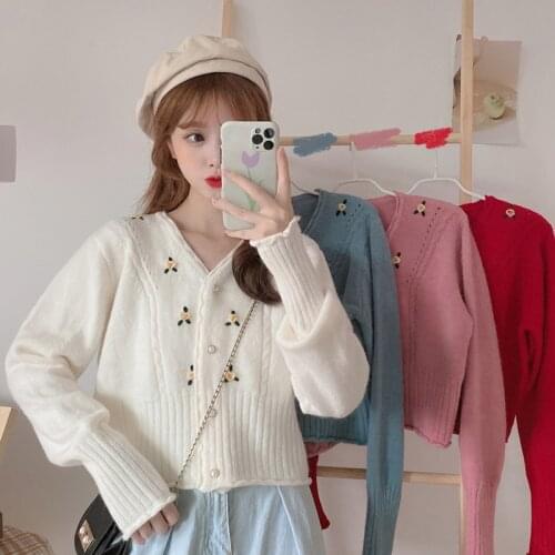Womens knitted cardigan loose v-neck long-sleeved short temperament casual spring and autumn print foreign style blouse