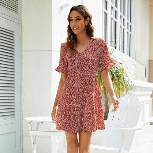 Spring Summer Casual Seaside 2021 Print Dress Sexy Short Sleeve V Neck High Waist Button Chid Fashion Female Dess