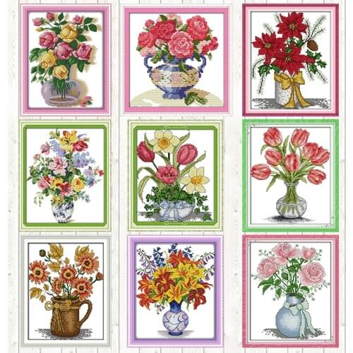 Winter Vase Cross Stitch Kits,Needlework,Sets for Embroidery Kits,Dual Color Rose Flowers Series Patterns Counted Cross-Stitch