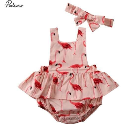 2020 Cute 2pcs Newborn Baby Girl Clothes Flamingo Print Ruffle Romper Dress Cotton Jumpsuit Headband Outfit Summer Playsuit