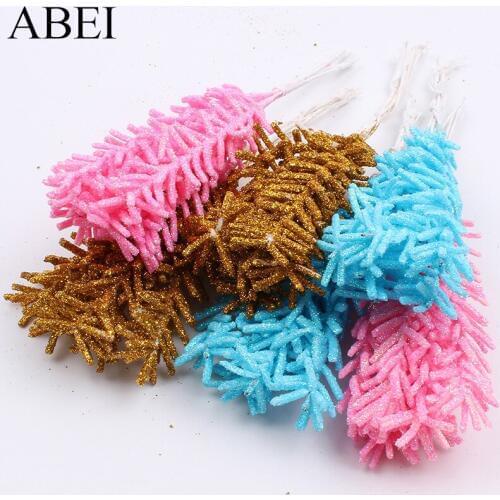 24pcs/lot Glitter Gold Pink Blue Artificial cedar Flower Bouquet For Wedding Christmas Decoration Handmade Material Fake Flowers