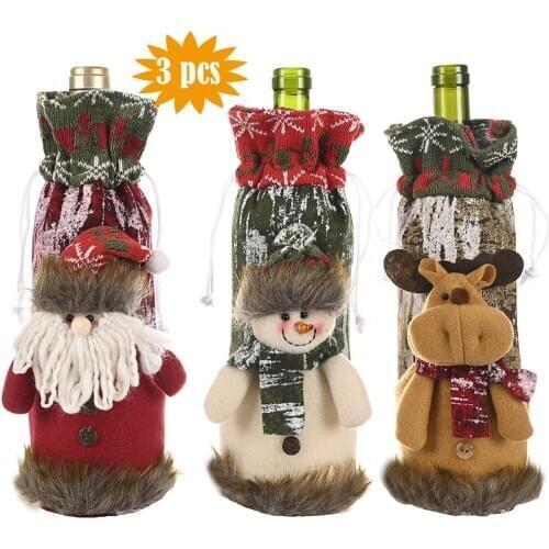 3pcs Elk Santa Claus Snowmen Christmas Drawstring Red Wine Bottle Cover Bags for Home Dinner Party Decoration Xmas Table Decor