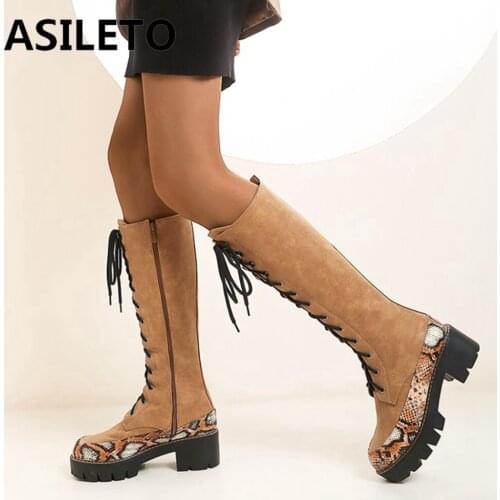 ASILETO Sexy High Boots Knee-high Pu Boots High Heels For Women Fashion Shoes Square Heel Boots Female Booties Zip Cross tied