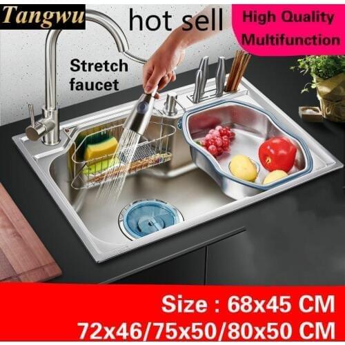 Free shipping Home kitchen single trough sink stretch faucet wash vegetables 304 stainless steel 68x45/72x46/75x50/80x50 CM