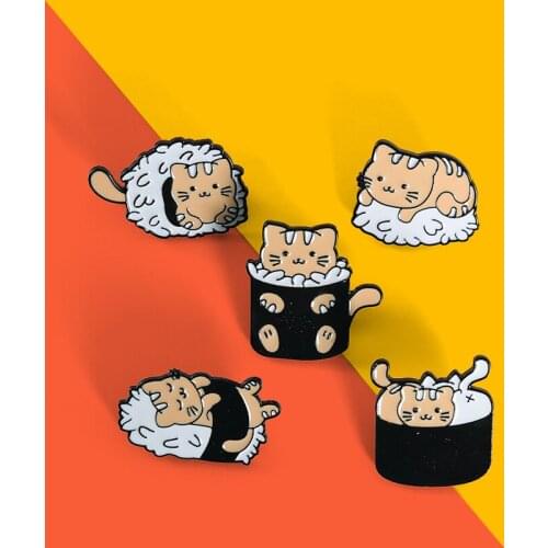 Custom Cute Cat Enamel Pins Animals Japanese Sushi Rice Ball Foods Brooch Lapel Badge Bag Cartoon Jewelry Gift For Kid Friend