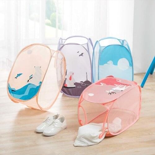 Household Foldable Cartoon Large Capacity Dirty Clothes Basket Laundry Hamper Cloth Nets Storage Organizer Bucket with Lanyard
