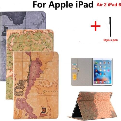 Retro Map style case for Apple iPad Air 2 iPad 6 9.7 inch Slim Flip Stand case For iPad Air 2 A1566 A1567 with card slot + Pen