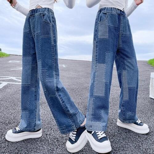 Teen Boys Girls Denim Pants Spring Autumn Fashion Big Square Novelty Patch Print High Waist Loose Trousers Unisex Kids 5-14Years