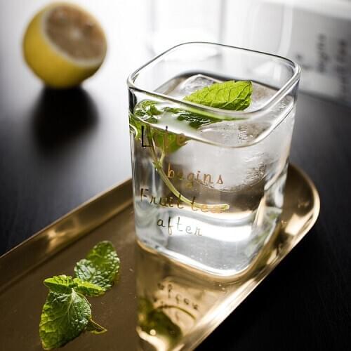 Chic Square Glass Mug Creative Gold Letter Printing Breakfast Milk Coffee Cup Crystal Transparent Heat-resistant Drinkware