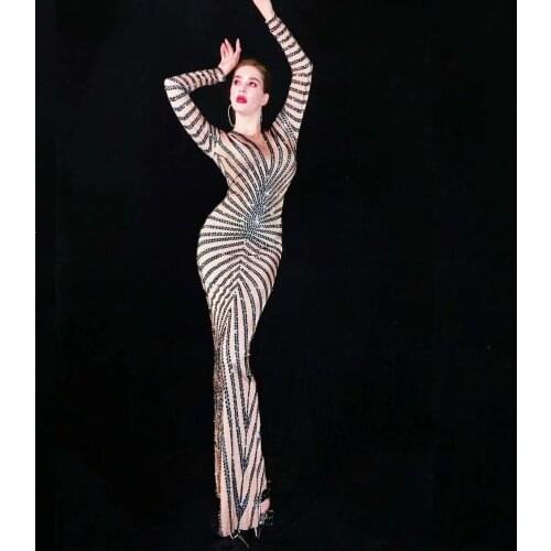 Elegant Nude Color Rhinestone Party Evening Dress Women Spandex Bodycon Wedding Prom Long Dress Banquet Dance Dress Stage Wear