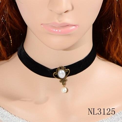 Gothic Punk Choker Simple Pearl Alloy Metal Charm Pendant Lace Ribbon Necklace for Women Collar Jewelry