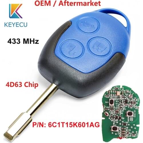 KEYECU OEM Genuine/Aftermarket Remote Car Key Black 3 Button 433MHz 4D63 for Ford Transit WM VM 2006-2014 P/N: 6C1T15K601AG FO21