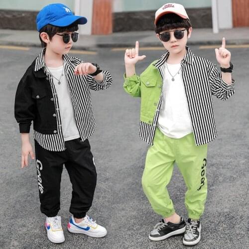 Boys Patchwork Shirt Coat + Trousers 2pcs Set Children Spring Autumn Clothes Kids Casual Outfit Teen Striped Jacket Suit 4-16 Y