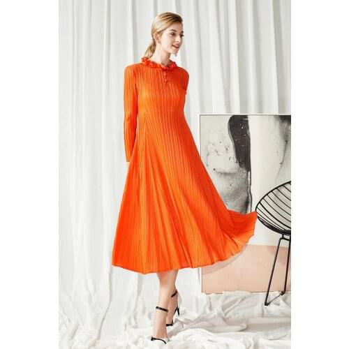 HOT SELLING Miyake fold Vintage Lace Collar Long Sleeve Dress with A-Line dress IN STOCK
