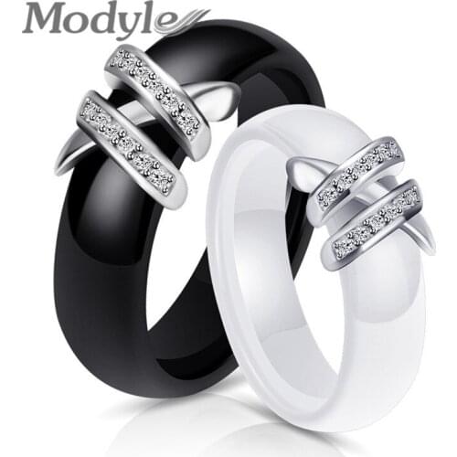 Modyle Best 6mm High Quality Black And White Simple Style Two Line Crystal Ziron Ceramic Rings For Women Fashion Jewelry Gift