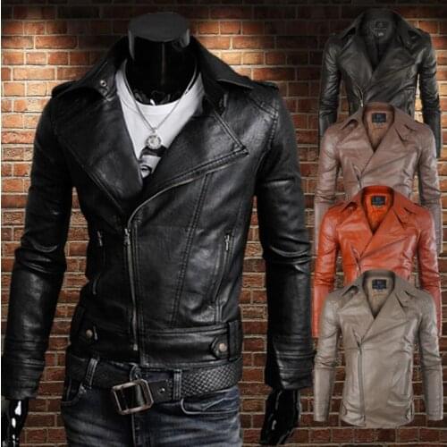 Diagonal zipper motorcycle leather jacket men personality european mens leather jackets casual short pu coats biker modern urban