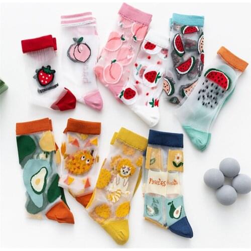 Creative Novelty Funny Womens Socks Ultra-Thin Fruit Lolita Glass Stockings Harajuku Embroidered Happy Girl Tide Socks