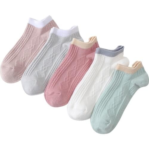High Quality 5Pairs/lot New casual wild ladies thin socks Dark vertical cotton solid color female boat socks