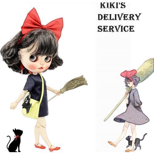 Clothes for Blyth 1/6 Doll Kikis Delivery Service Clothes Deep Bule Dress Red Bow-Hair Band Cat Bag with Besom Free Shipping