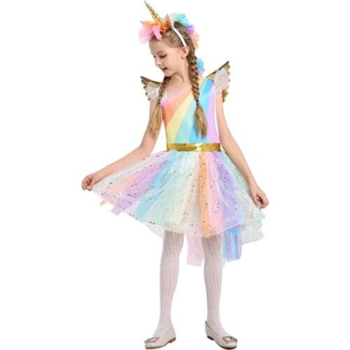 FINDPITAYA Girl Unicorn Dress Kids Flying Sleeve Rainbow Party Dancing Tutu Dress Girls Christmas Pageant Tulle Cosplay Costume